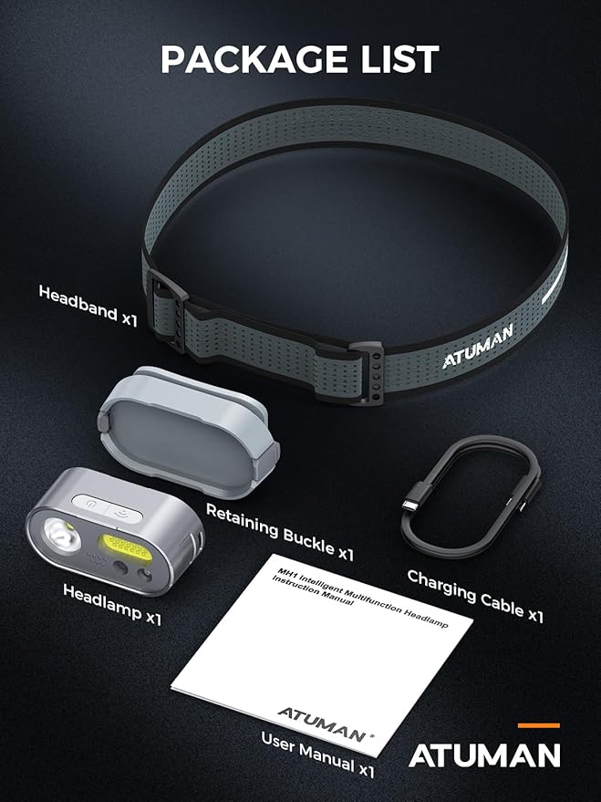 ATuMan MH1 Headlamp Rechargeable, Intelligent Multifunctional Headlight 1 Pack with Red Warning Light and 7 Lighting Modes Lightweight Headlamp with Motion Sensor for Outdoor Camping Hiking Cycling