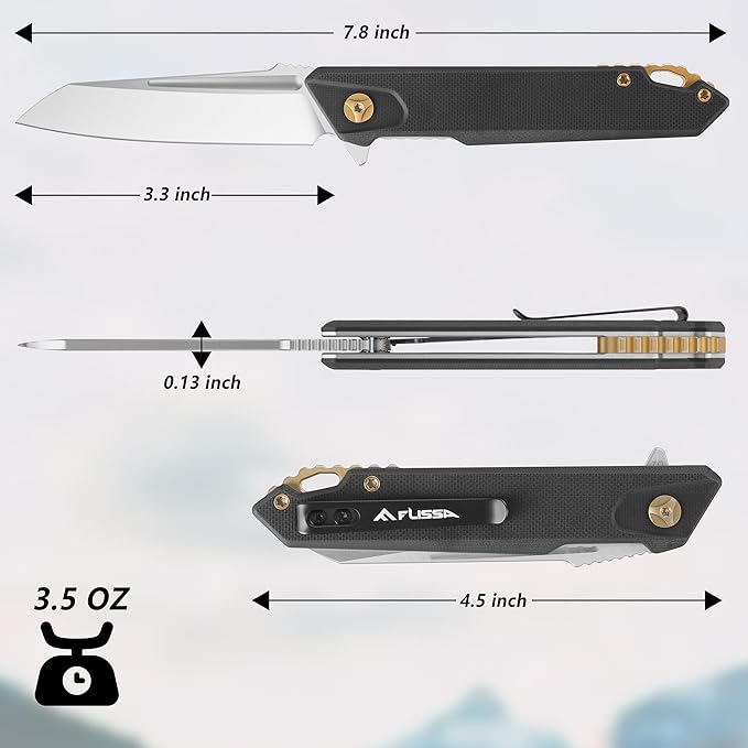 FLISSA Folding Pocket Knife, EDC Knife with D2 Steel Blade and G10 Handle, Pocket Clip, Suitable for Camping, Hiking, Fishing, Daily Use, Outdoor Activities(Black)