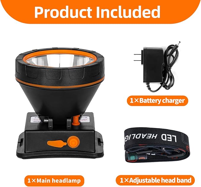 Superbright LED Rechargeable Headlamp,High Power Camping Light 2 Modes Waterproof Headlight Adjustable Gold Head Troch Lamp for Hunting Fishing Hiking(Yellow Light)