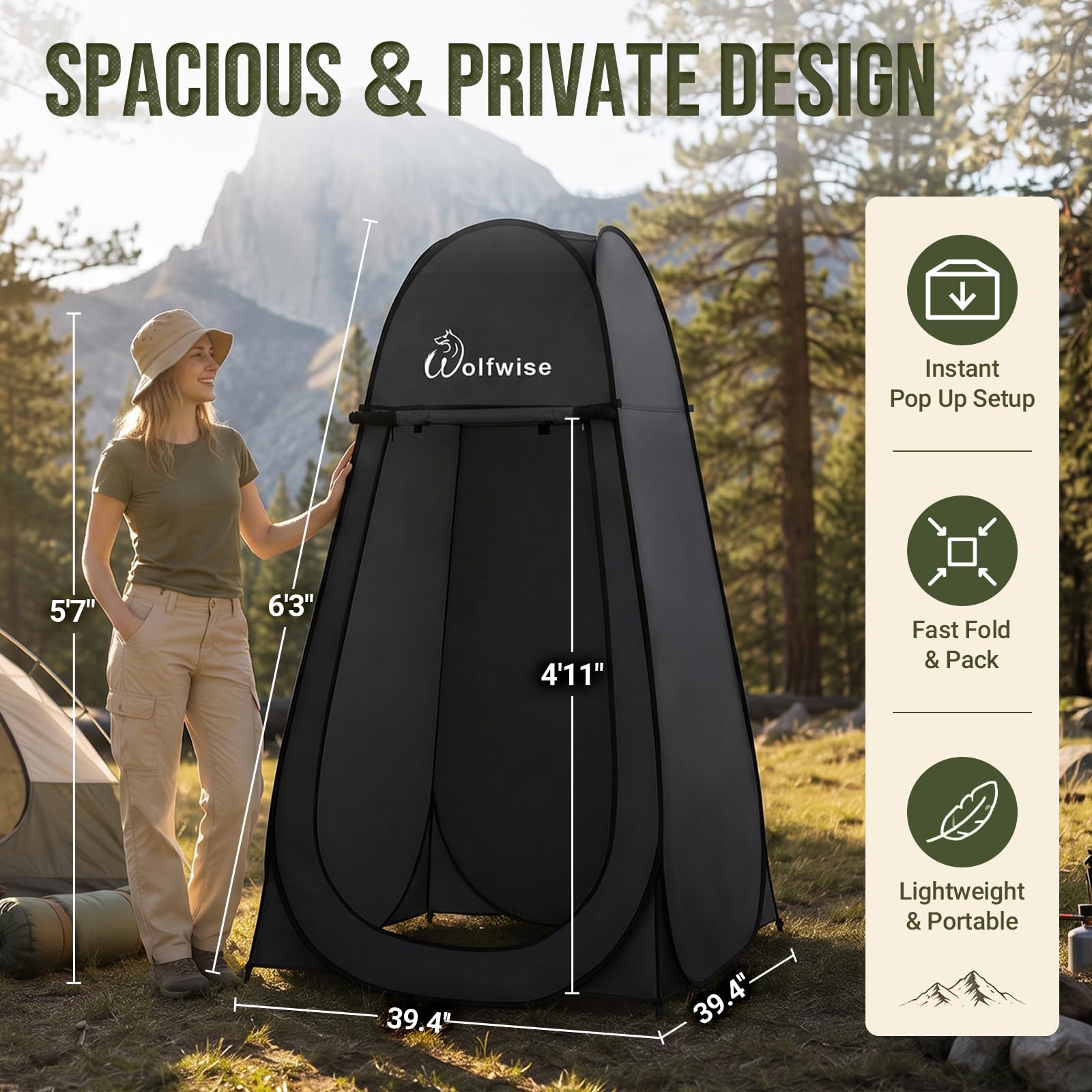 Wolfwise Pop Up Shower Tent for Camping Essentials, Portable Instant Changing Tent with Ventilation