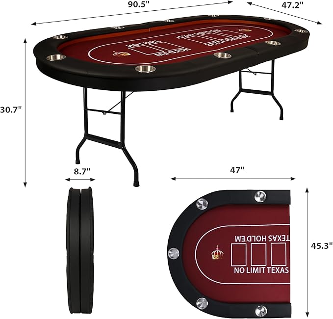 LUCKYERMORE Upgraded 10 Players Poker Table with Cup Holder, 91’’ Extra Large Folding Casino-Style Texas Game Poker Tables with Padded Rails, Red Felt Surface, Fully Assemble