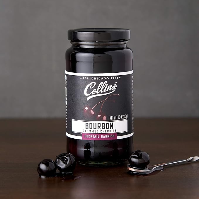 Collins Bourbon Cocktail Cherries - Drinks Garnish for Manhattan or Old Fashioned Cocktails and Desserts, Made with Award Winning Whiskey, 11 Ounce Glass Jar