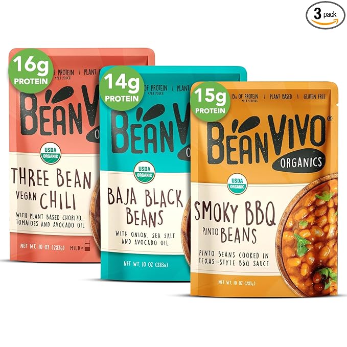 BeanVIVO - Variety 3 Pack (10 oz each) - Organic Baja Black Beans, Three Bean Vegan Chili, BBQ Pinto Beans - Seasoned & Ready to Eat, Plant Protein, Vegan, Gluten Free, Microwaveable, Instant Meals