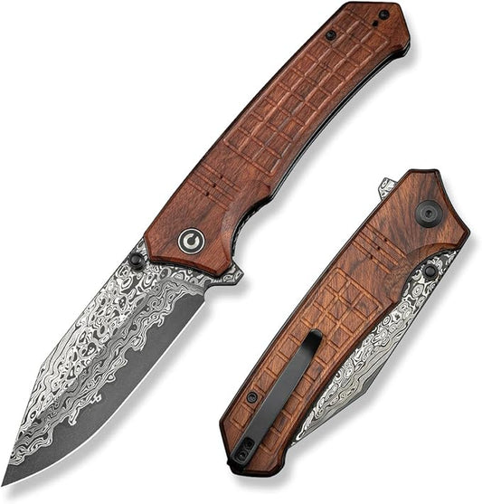 CIVIVI Tacticorix Pocket Knife for Men Women, EDC Flipper Folding Knife with 3.7" Damascus Blade Wood Handle for Camping Hunting C23055-DS1 (Wood)