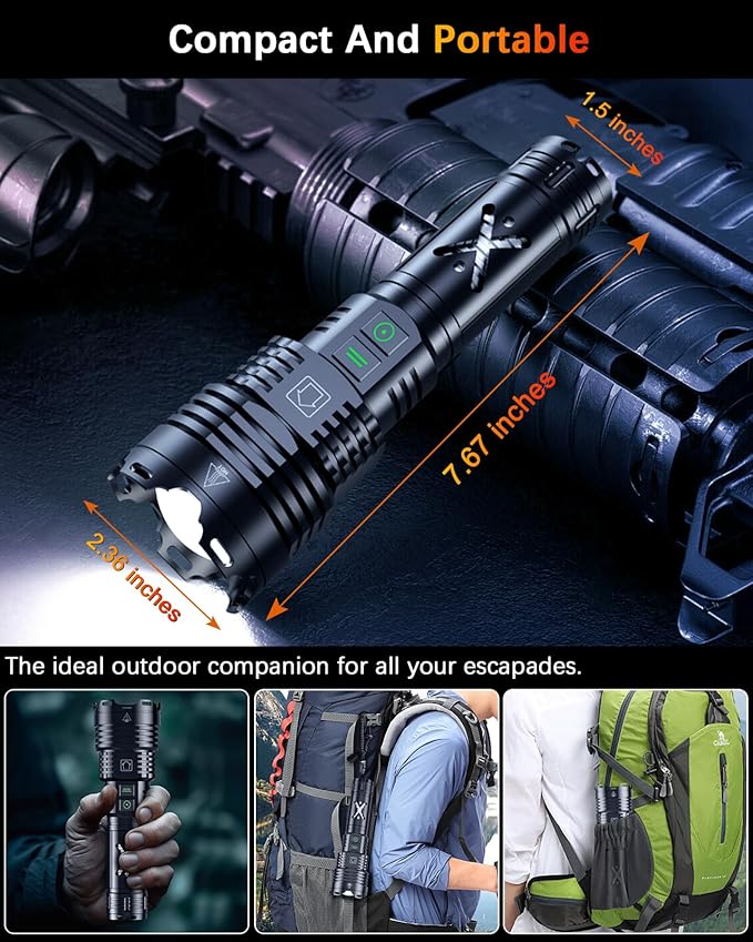 Super Bright Rechargeable Flashlight High Lumen 2000.001 Waterproof Tactical Powerful Led Flashlight Battery Powered With 6 Mode Zoomable Fast Charge, Handheld Flashlight For Camping Caving Emergency