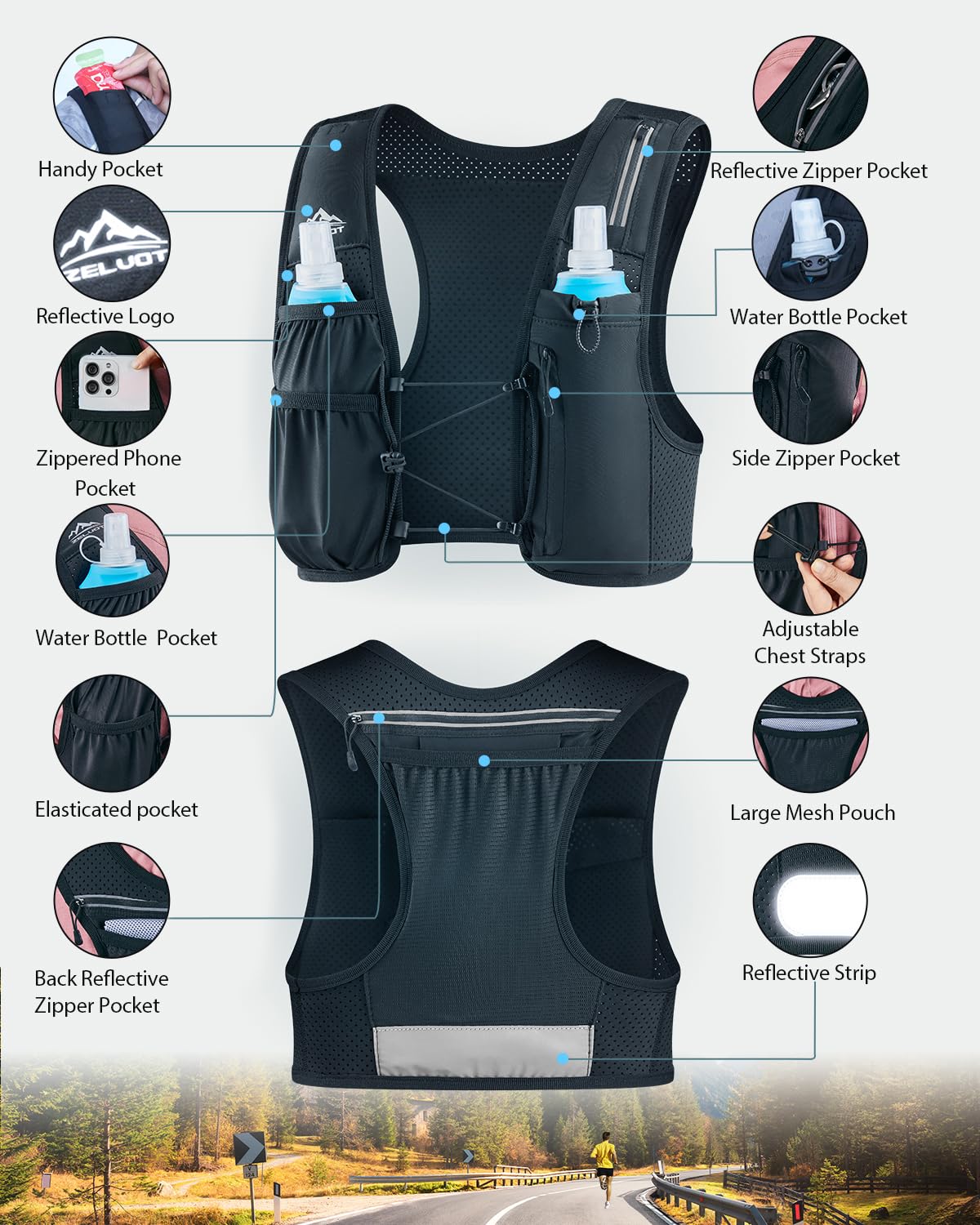 Zelvot Running Vest for Women Men, USA Original Patent, Adjustable Chest Straps Running Hydration