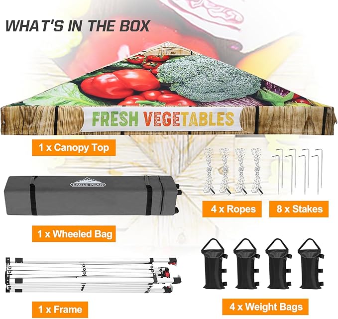 EAGLE PEAK Pop Up Canopy Tent with Wheeled Carry Bag, 8 Stakes, 4 Ropes, 4 Weight Bags, Easy Set Up Tent Canopy, 10x10 ft, 100sqft of Shade, Vegetable Stand