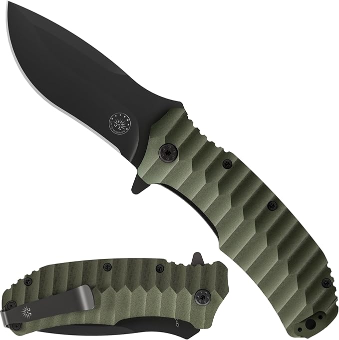 Off-Grid Knives - Rapid Fire Ranger, Camping & Hunting Knife, Cryo D2 Blade Steel with Olive Drab G10 Scales, Deep Clip, Left or Right Carry, Survival, Hiking, Fishing, Boating, Bushcraft