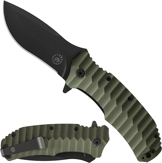 Off-Grid Knives - Rapid Fire Ranger, Camping & Hunting Knife, Cryo D2 Blade Steel with Olive Drab G10 Scales, Deep Clip, Left or Right Carry, Survival, Hiking, Fishing, Boating, Bushcraft