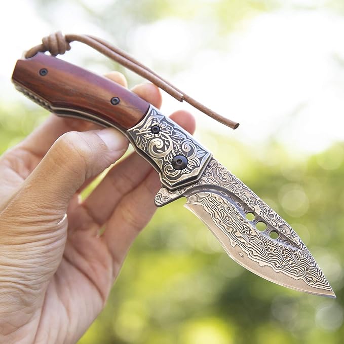 hand made damascus steel pocket knife, 3.1 inch outdoor folding knife, camping rosewood handle with leather case and inner lining
