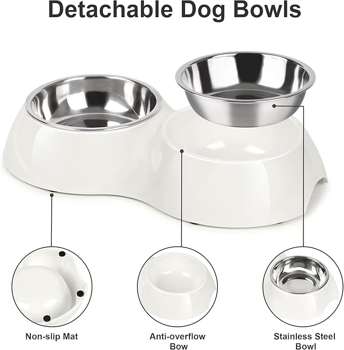 Stainless Steel Dog Bowls Set – Dual Non-Slip Pet Dishes with 2 Small (4oz*2) Bowls & Durable Resin Stand,Food & Water Feeder for Puppies and Kittens– White