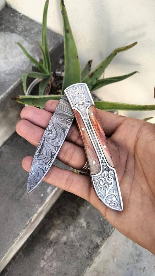 6.5 inch Damascus Pocket Knife with Sheath, Handmade Folding Pocket Knife for Men, Black-Red Wooden Handle with Brass Bolster, Secure Lock Back Camping Knife for EDC,Hunting,Hiking (Multi)