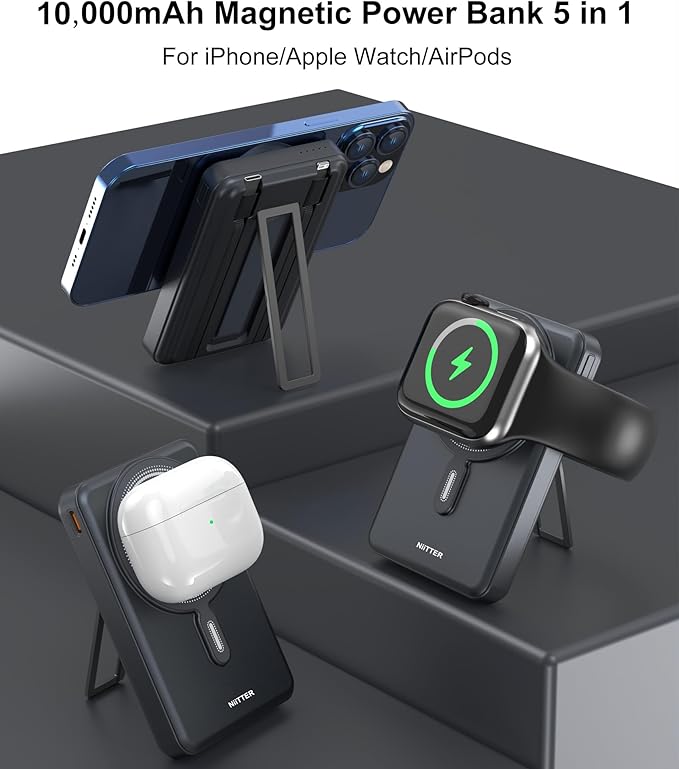 5 in 1 Magnetic Power Bank with Foldable Kickstand,Compact 10000mAh Wireless Portable Powerbank with Fast Charging,Durable Battery Pack with Carrying case,for iPhone 16/15/14/iWatch/AirPods