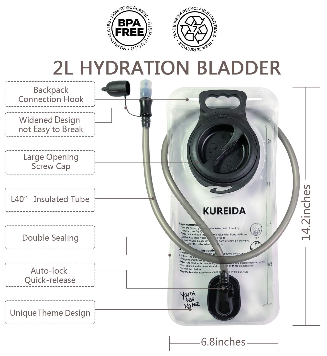 KUREIDA Hydration Bladder 2 Liter Leak Proof Water Reservoir,BPA Free,Wide Opening,Military Water