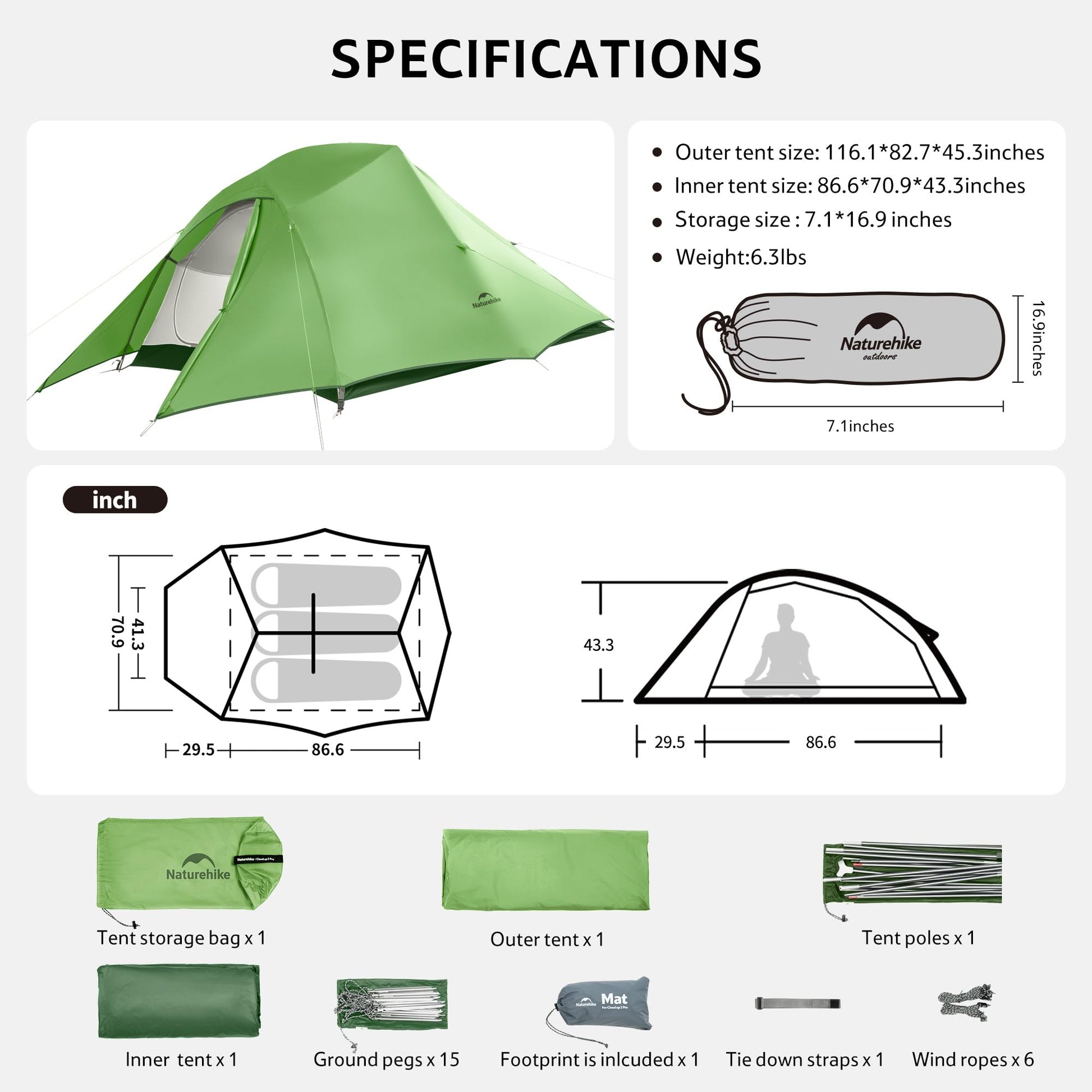 Naturehike Cloud Up 3 Person Backpacking Tent with Footprint - 3 Season Free Standing Lightweight 3