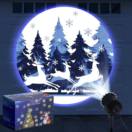 Vintage Christmas Projector Light with 1 Film Slides Holiday LED Deer Tree Projector Lights Outdoor Reflectors Waterproof Landscape Decorative Rotation Lighting Movement Projection Lamp