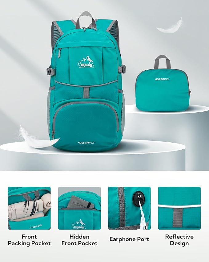WATERFLY Hiking Foldable Daypack Backpack: 25L Ultra Lightweight Waterproof Day Pack for Woman Man - Small Compact Packable Folding Back Pack for Outdoor Sport Cycling Biking Travel Trip - Turquoise