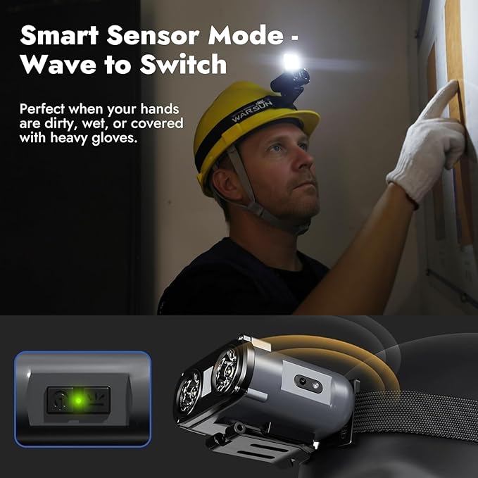 WARSUN Rechargeable Fishing Headlamp ??800 Lumens LED Headlight with 90° Adjustable COB Panel, Motion Sensor, 5 Modes, Ideal for Night Fishing, Camping, Hiking, Emergency