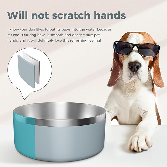 Dog Bowl, Stainless Steel Dog Food and Water Bowl with Non Slip Quiet Bottom, Easy to Clean, Dishwasher Safe, 40oz, Light Grey