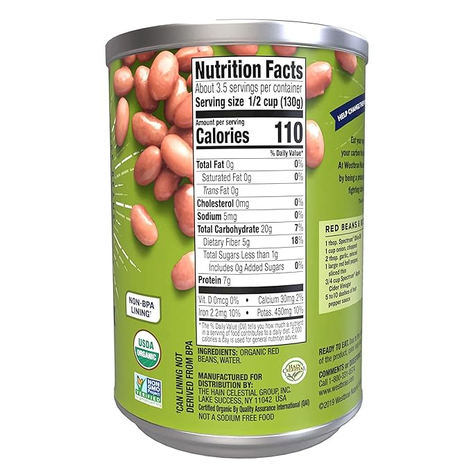 WESTBRAE 15 oz Natural Organic Red Beans, No Salt Added, Source of Plant Based Protein and Fiber, Low Fat, Gluten Free, (Pack of 12)