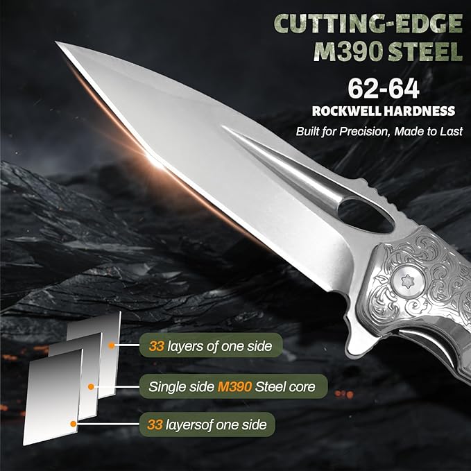 Hunting knife with Sheath, 7.87inch, Eagle brown Sharp Blade 3.6-inch M390 Steel Folding Pocket Knife with Brown Wood Steel Handle, Skinning Knife for Hunting, Fishing