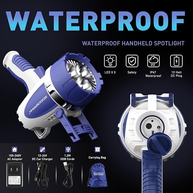 GOODSMANN Rechargeable Spotlight Flashlight LED Handheld Spot Lights Outdoor Portable IP67 Waterproof Searchlights Marine Spot Lights up to 3000 Lumen for Hiking, Boating, Hunting