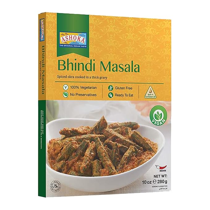 Ashoka Ready to Eat 1932, Vegan Spiced Orka, All-Natural Bhindi Masala, Real Indian Meals, Kosher Certified, Great for Offices, Healthy Work Lunch, Gluten-Free, and with No Preservatives, Pack of 1