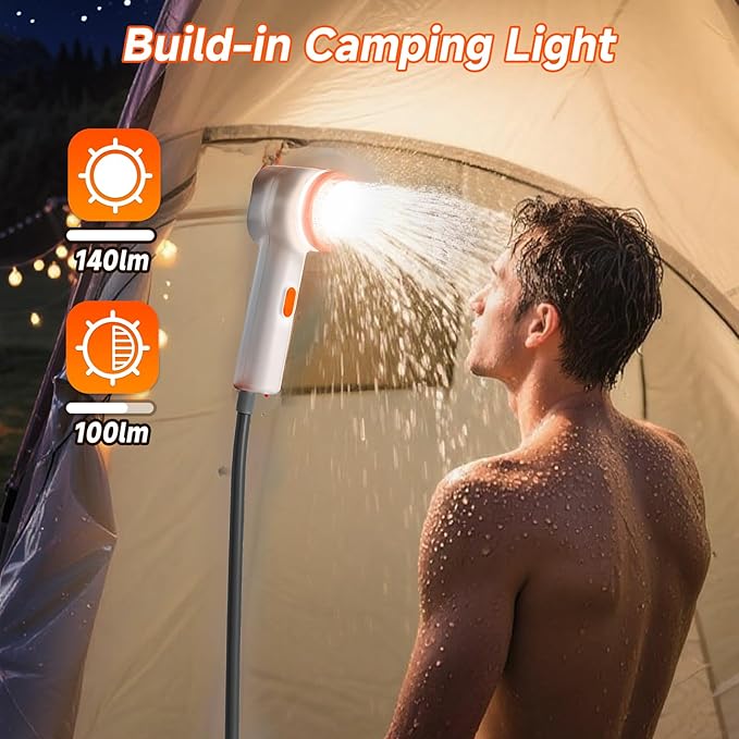 Rocalt Portable Camping Shower, Handheld Electric Shower with LED Light and USB-C, Integrated Design of Water Pump with Filtration, IPX6 Waterproof Outdoor Shower for Hiking, Pet Cleaning, Travel, Car