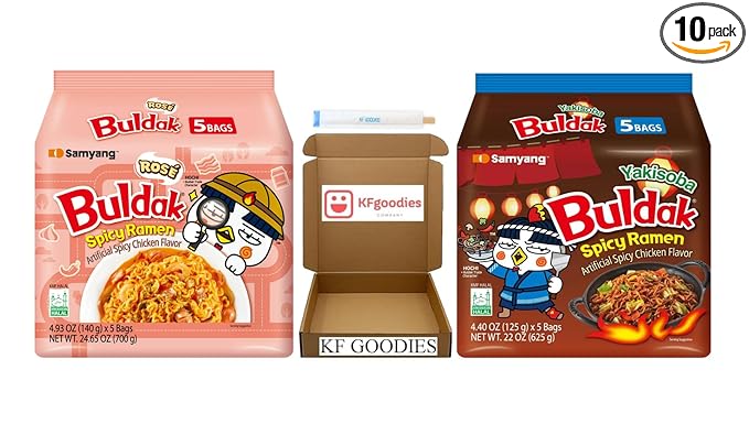 KF GOODIES Korean Ramen Variety Pack Gift Box (10 Count) – Spicy Buldak Noodle Assortment for Birthdays, College Care Packages, Office Snacks, and Gift Baskets