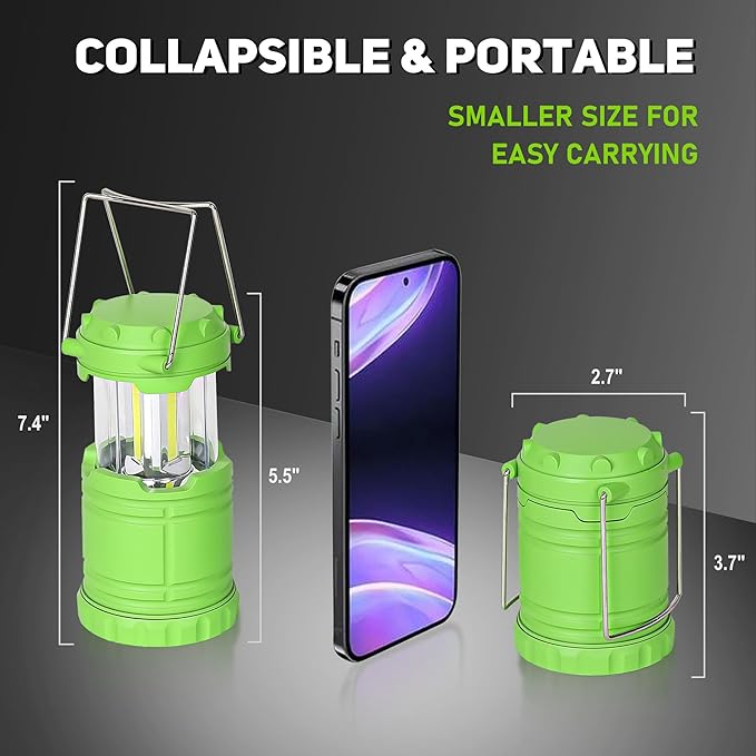 6-Pack Mini LED Camping Lanterns, Portable Camping Lights, Outdoor Tent Lights, Essential Emergency Lights for Power Outages, Hiking, Survival Kit for Hurricane, Green