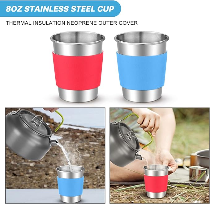 Odoland 15pcs Camping Cookware Mess Kit, Non-Stick Lightweight Pots Pan Set with Stainless Steel Cups Plates Forks Knives Spoons for Camping, Backpacking, Outdoor Cooking and Picnic