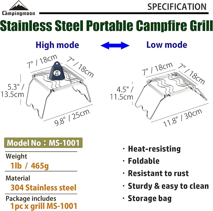 CAMPINGMOON Portable Folding Camping Campfire Grill over Fire Split Stoves 304 Stainless Steel (7?™’L (MS-1001))