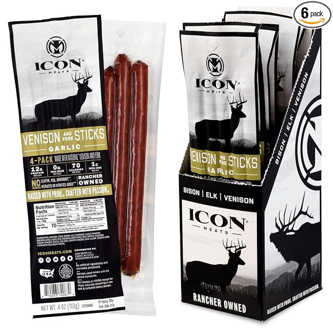 ICON Meats Venison and Pork Snack Sticks - Garlic Flavor - 6 Packs Per Box, 4 Sticks Per Pack, All Natural Jerky Meat Sticks, USDA Approved, Diet Friendly, High Protein, Low Calorie, Sugar Free