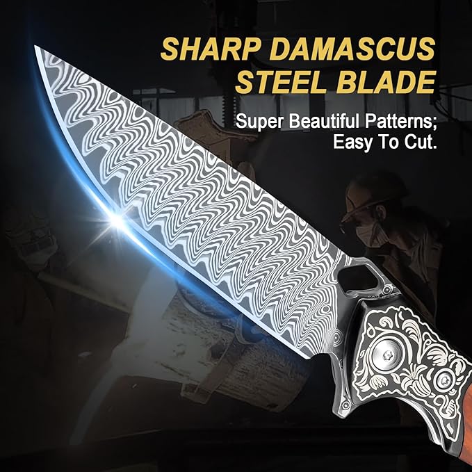 Damascus Folding Knife, 3.39" VG10 Core Damascus Steel Blade Pocket Knife for EDC, Wood Handle Pocket Knives for Camping Survival Hunting