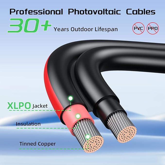 Bateria Power 20Ft 10AWG Solar Panel Extension Cable, 6mm² Twin Wire Conductor Parallel Solar Wire Adapter Kit with Waterproof Female & Male Solar Connectors for RV, Marine, Photovoltaic Systems