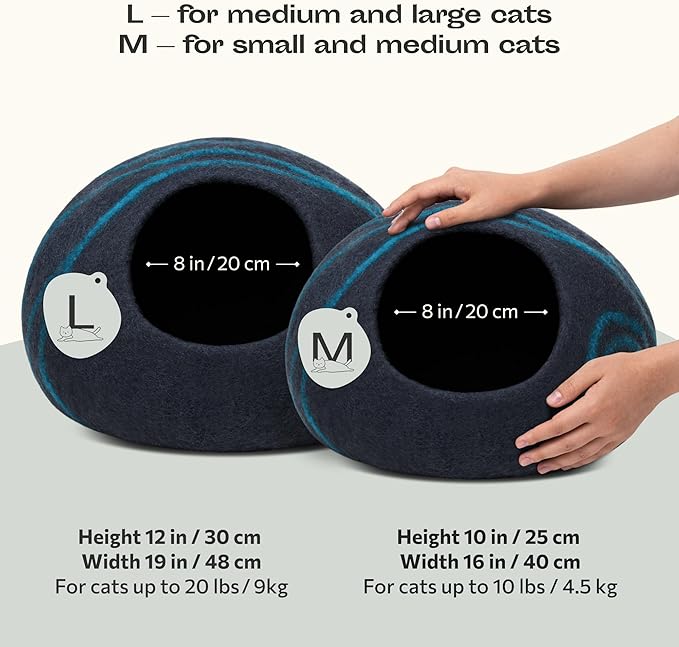 MEOWFIA Cat Cave ??Premium Felt Cat Bed for Indoor Cats, Handmade 100% Merino Wool (Large, Black Aqua)