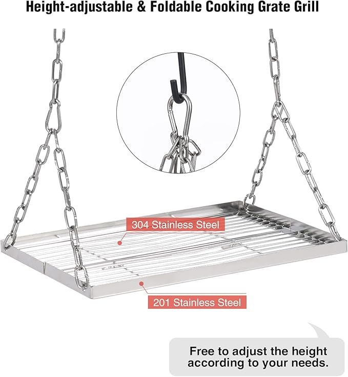 REDCAMP Swing Campfire Grill Stand - Collapsible Campfire Cooking Rack with 6 Hooks & Stainless Steel Grill Grate, Portable Dutch Oven Hanger for Outdoor Camping, Cookware, Bonfire, Rectangle ﻿