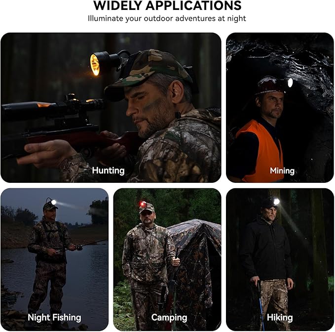 10W Coon Hunting Lights, 45000LUX Hunting Headlamp for Coyotes Hog Predators, Rechargeable & Waterproof, 6 Lighting Modes, 4 Powerful LEDs (White Red Green Amber) for Night Working