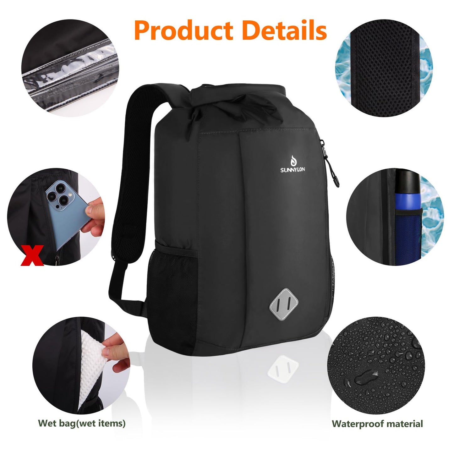 Sunnylon Dry Bag Backpack, 20L Dry Bag Waterproof with Waist Pouch and Phone Case,Roll top Dry bag