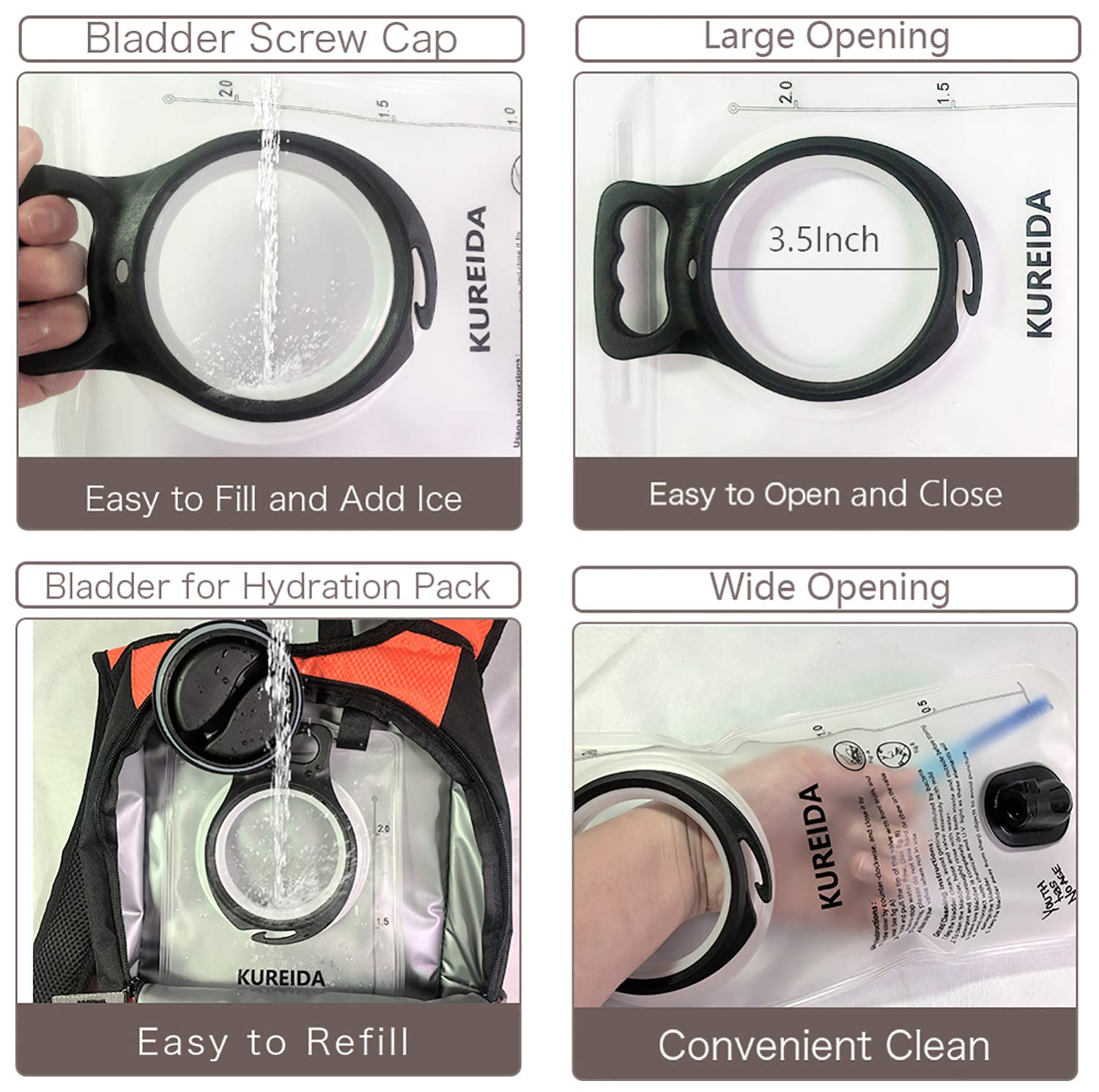 KUREIDA Hydration Bladder 2 Liter Leak Proof Water Reservoir,BPA Free,Wide Opening,Military Water