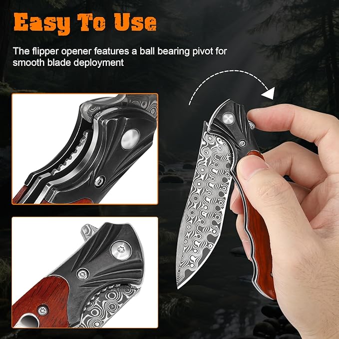 AUBEY Damascus Pocket Knife, Folding Knife with 3.43" Blade, Wooden Handle, Clip, EDC Knife for Outdoor, Hiking, Hunting, Gift/Collection for Men Women