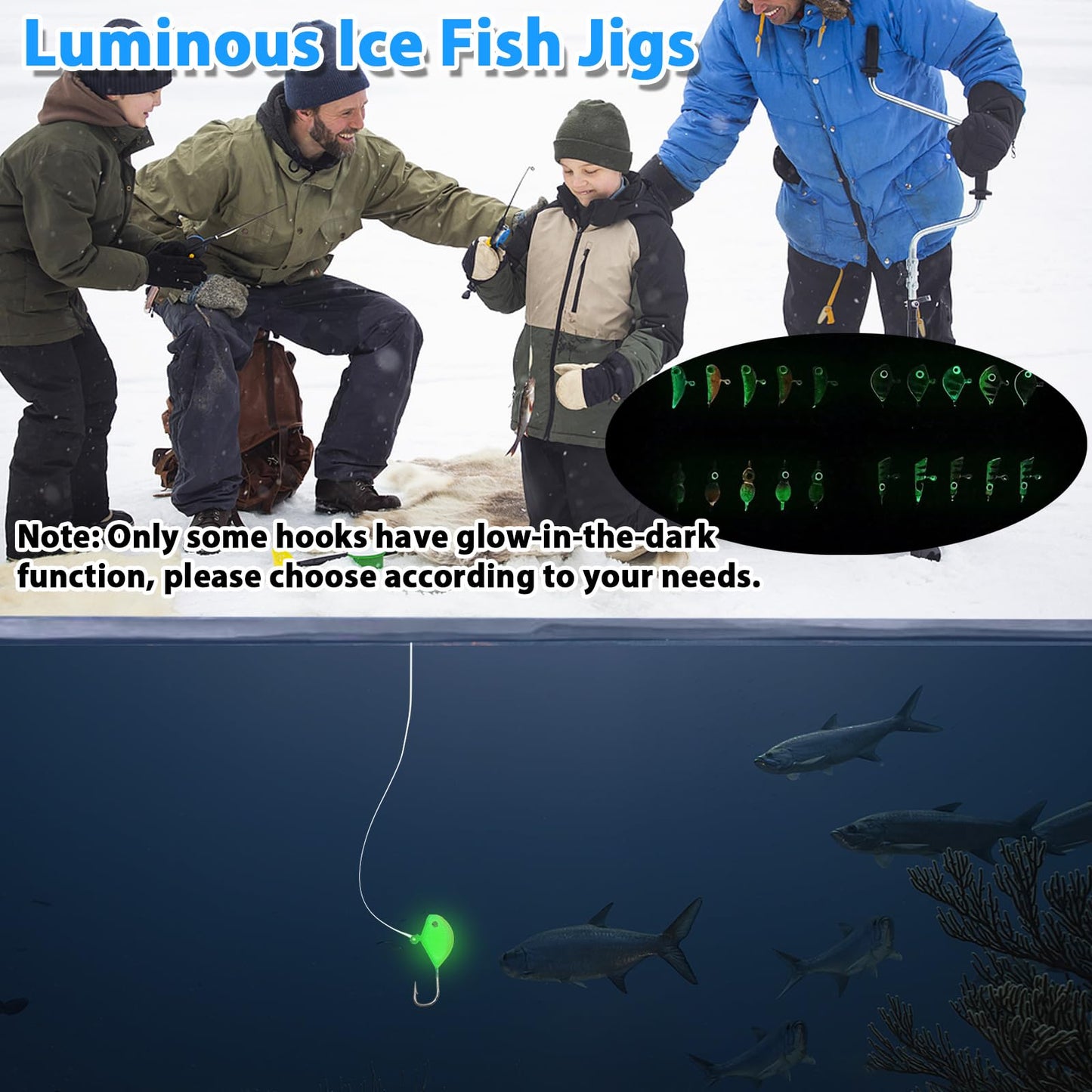 FishTrip Ice Fishing Jigs Kit, Glow Jig Lure Set for Winter Ice Fishing
