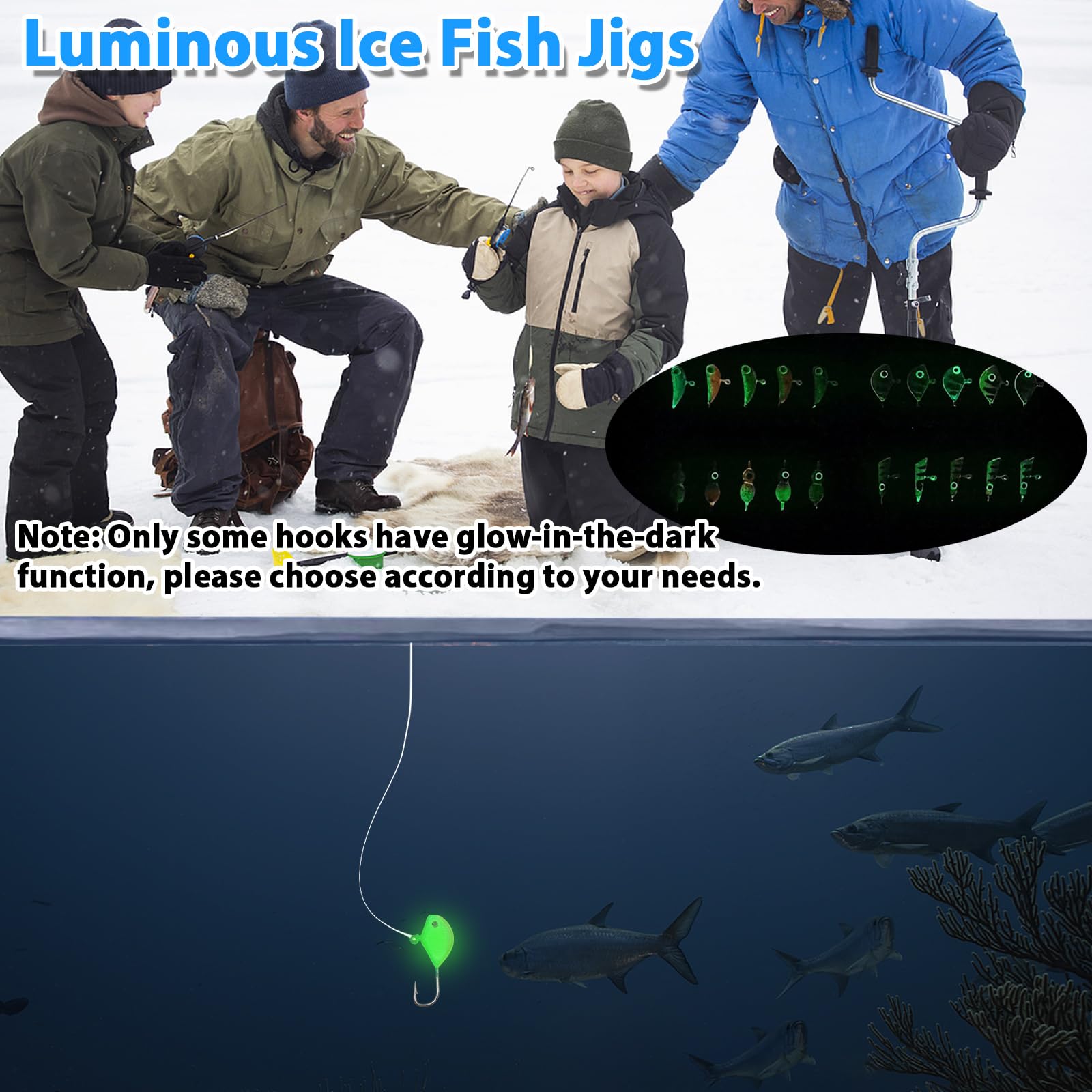 FishTrip Ice Fishing Jigs Kit, Glow Jig Lure Set for Winter Ice Fishing