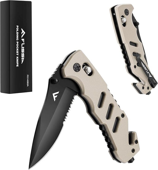 FLISSA Folding Pocket Knife with Clip, Glass Breaker and Seatbelt Cutter, Survival Knife for Emergency Rescue Situations, EDC Knife for Tactical, Hunting, Camping, Outdoor, Unique Gifts for Dad, Father