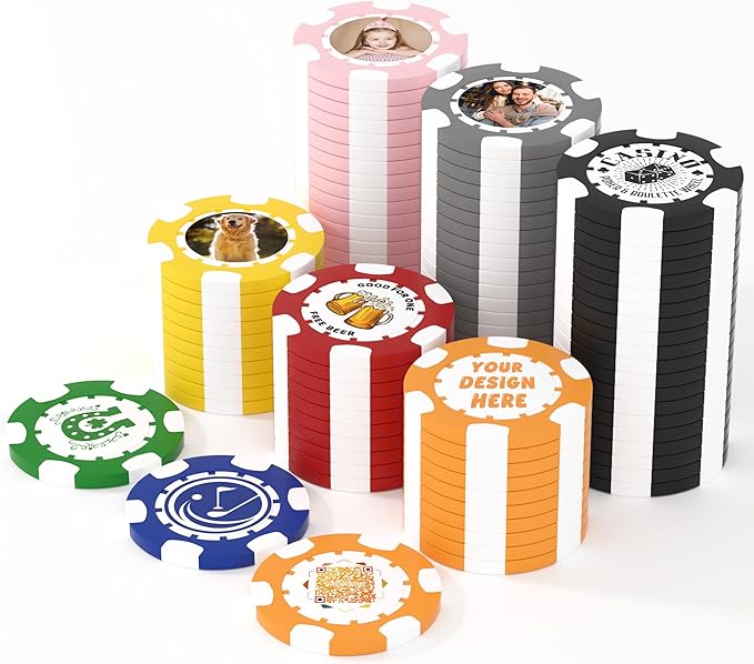 25 Custom Clay Poker Chips, 40mm Heavy 11.5g Casino Sized Personalized Poker Chips with Your Logo, Image or Text, Custom Drink Tokens for Bar, Party, Tournaments, Golf Club or Events
