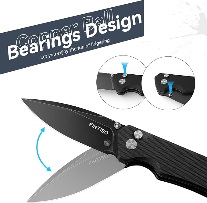 FINTISO Pocket Knife, 3" 14C28N Steel Blade G10 Handle Small EDC knife with Button Lock, Sharp Folding Knife with Pocket Clip for Camping, Survival,Hiking,traveling