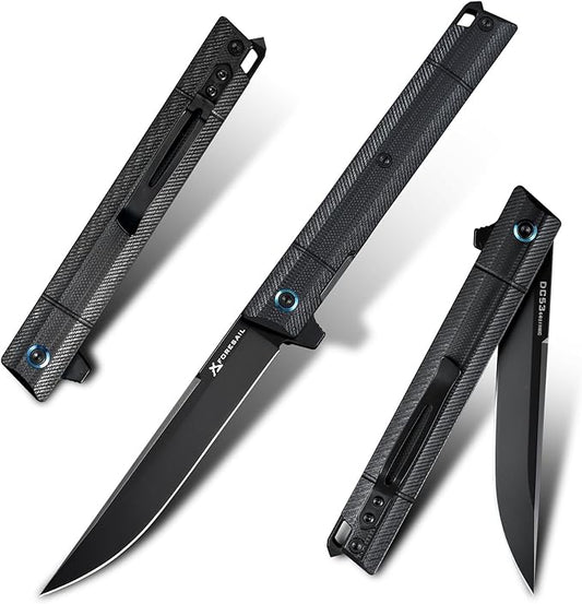 Flipper Pocket Folding Knife,DC53 Steel Blade and G10 Handle. With pocket clip and glass breaker,men's pocket knife hiking trip EDC tool Knife (Black PVD Blade-D)