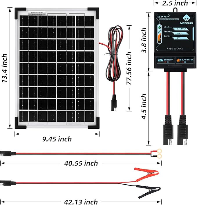 MEGSUN 10W Solar Panel Battery Trickle Charger & Maintainer with 12A Upgraded Solar Panel Controller, 12V Monocrystalline Waterproof Solar Trickle Charging Kit for Car RV Boat Motorcycle