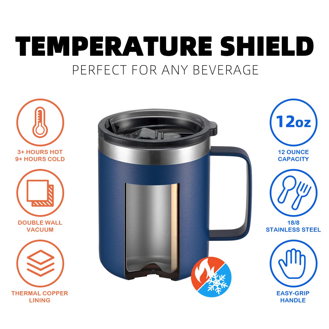 ALOUFEA 12 oz Insulated Travel Coffee Mug with Handle, Navy