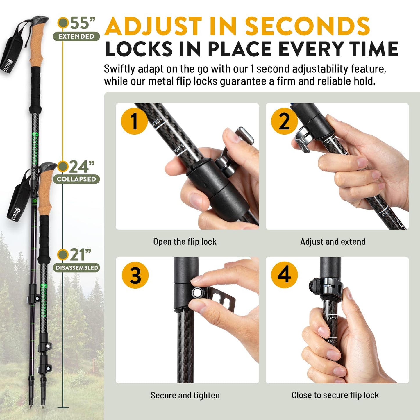 100% Carbon Fiber Trekking Poles by USA Brand - Ultra Strong Lightweight Collapsible Hiking Poles